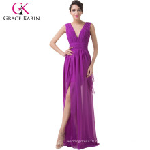 Neueste Sleeveless aufgeteilte Damen lila Abendkleider 2015 Grace Karin V-Ausschnitt Chiffon Lange Abendkleider CL6186